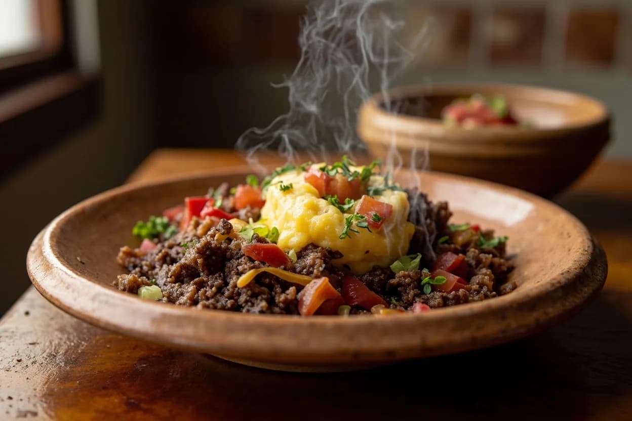 Machaca con huevo — a signature plate from Norteña (Northern Mexican) cuisine, prepared in the regional style.