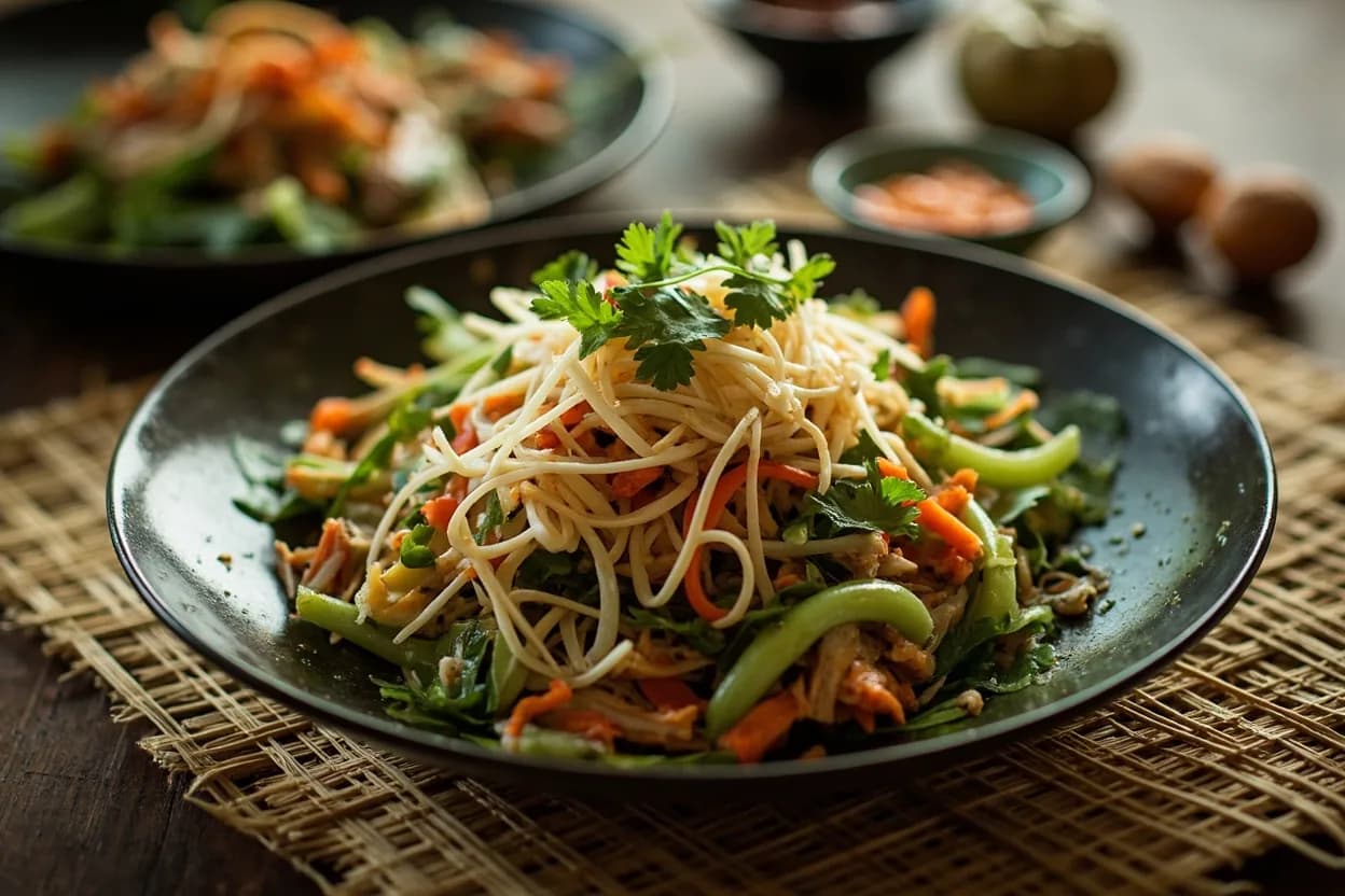 som tum (green papaya salad with pla ra) — a signature plate from Northeastern Thai (Isan) cuisine, prepared in the regional style.