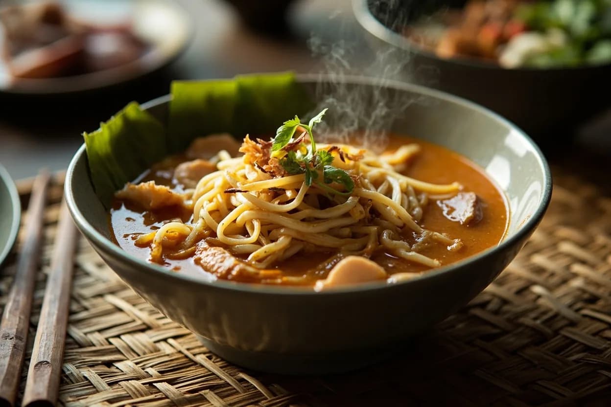 khao soi (egg-noodle curry soup) — a signature plate from Northern Thai (Lanna) cuisine, prepared in the regional style.