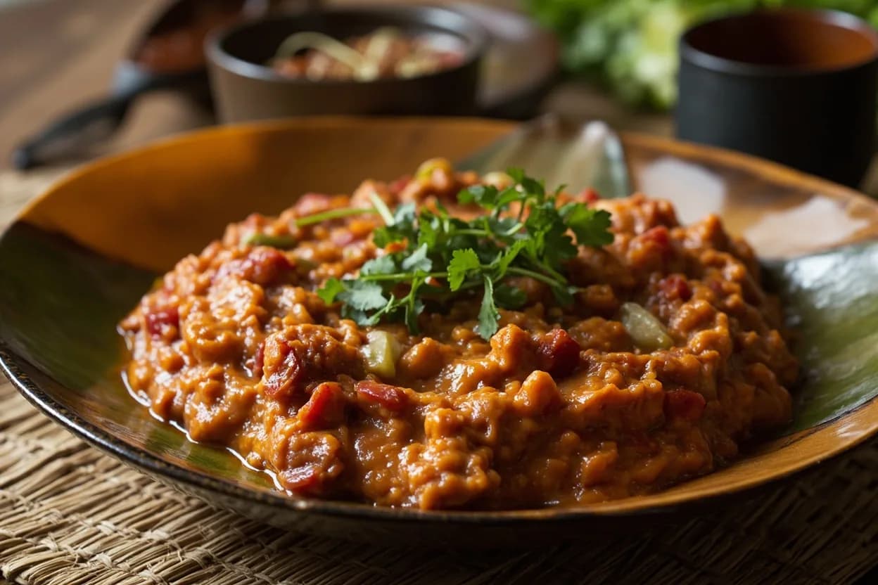 nam prik ong (tomato-pork chili dip) — a signature plate from Northern Thai (Lanna) cuisine, prepared in the regional style.