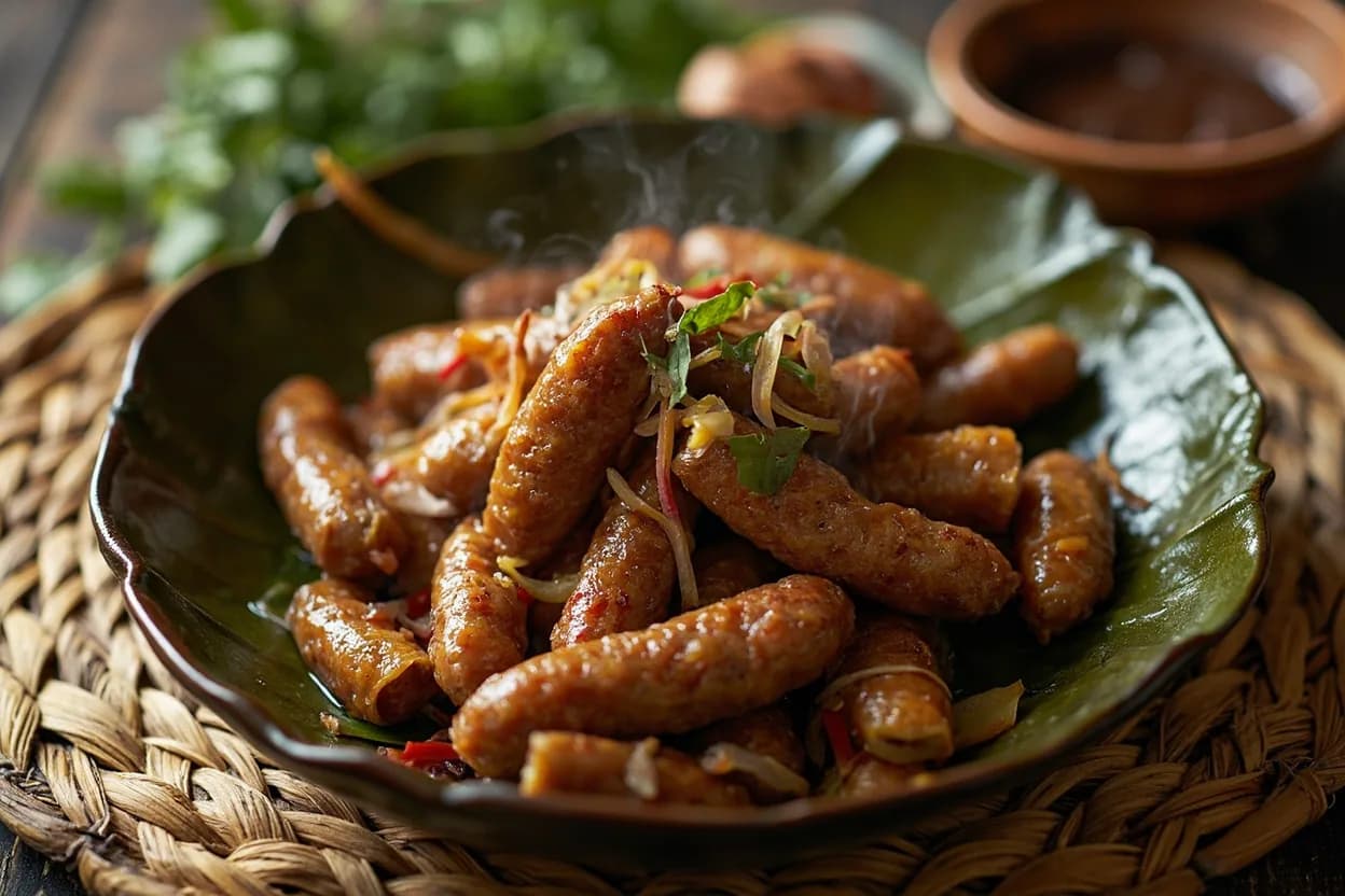 sai ua (northern pork sausage) — a signature plate from Northern Thai (Lanna) cuisine, prepared in the regional style.