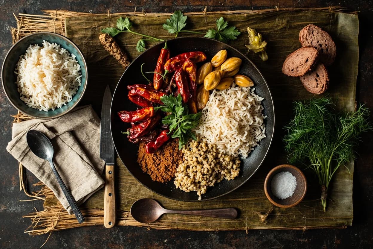 Mise en place for Northern Thai (Lanna): the staple ingredients and key tools of the tradition laid out on the cook's board.