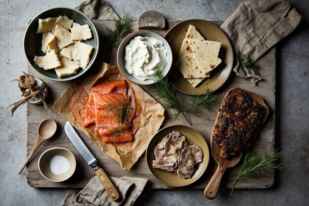 Mise en place for Norwegian: the staple ingredients and key tools of the tradition laid out on the cook's board.