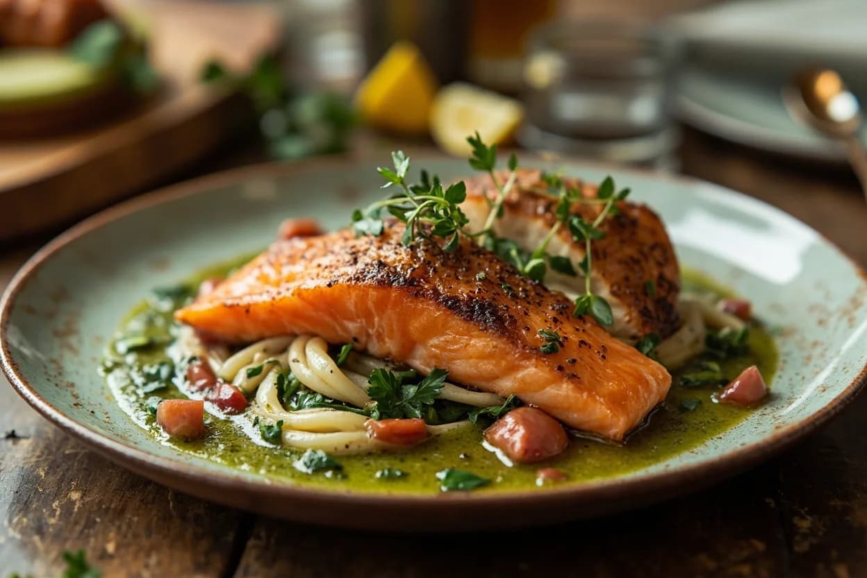 Troisgros Salmon with Sorrel Sauce (Saumon à l'oseille) — a signature plate from Nouvelle Cuisine cuisine, prepared in the regional style.