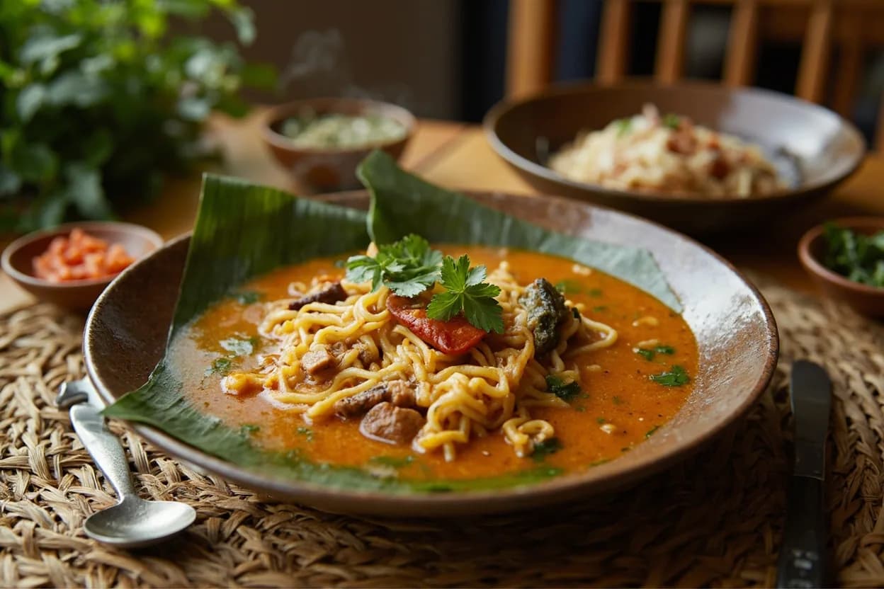 Laksa lemak (coconut curry noodle soup) — a signature plate from Nyonya (Peranakan) cuisine, prepared in the regional style.