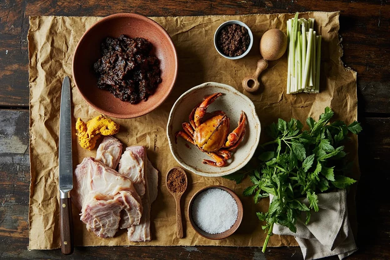 Mise en place for Nyonya (Peranakan): the staple ingredients and key tools of the tradition laid out on the cook's board.