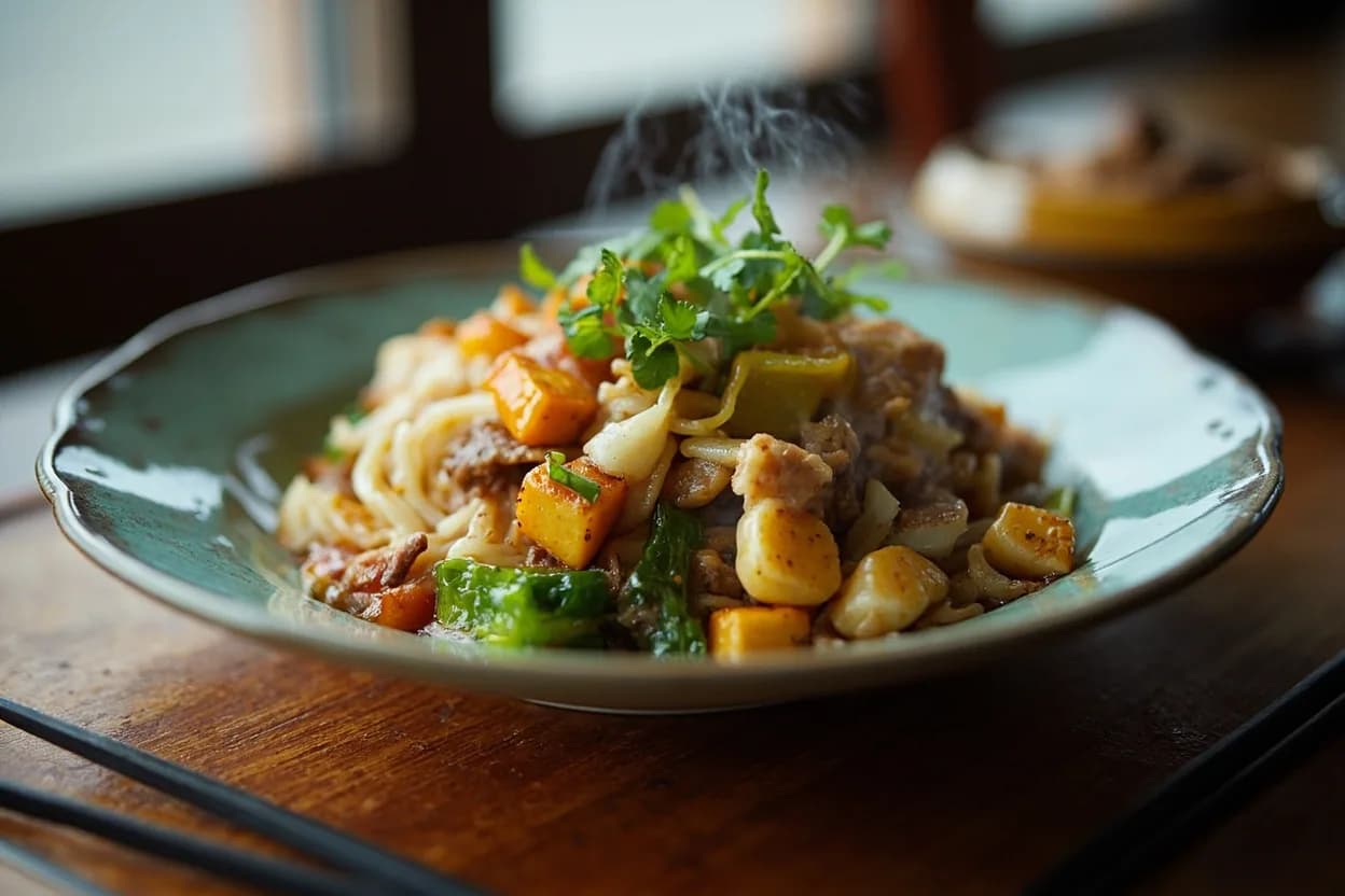 goya champuru (bitter melon stir-fry with tofu, egg, and spam or pork) — a signature plate from Okinawan (Ryukyuan) cuisine, prepared in the regional style.