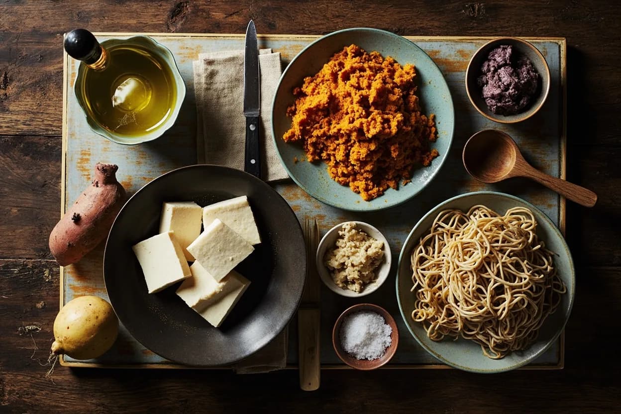 Mise en place for Okinawan (Ryukyuan): the staple ingredients and key tools of the tradition laid out on the cook's board.