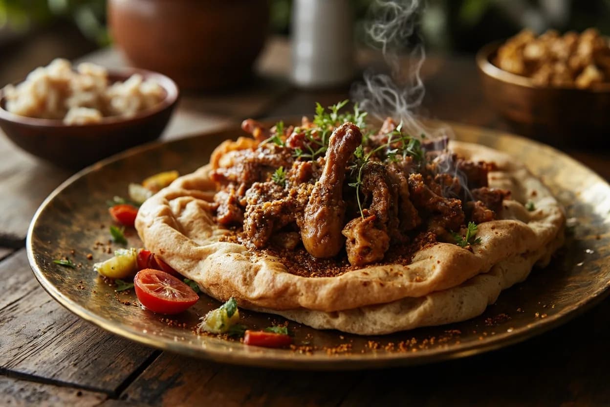 musakhan (sumac chicken over taboun bread) — a signature plate from Palestinian cuisine, prepared in the regional style.