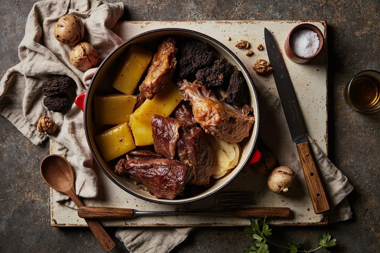 Mise en place for Périgord: the staple ingredients and key tools of the tradition laid out on the cook's board.