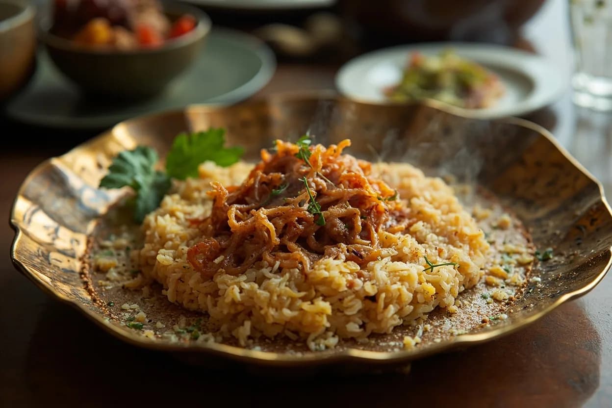 tahdig (crispy rice crust — the prize of the pot) — a signature plate from Persian (Iranian) cuisine, prepared in the regional style.