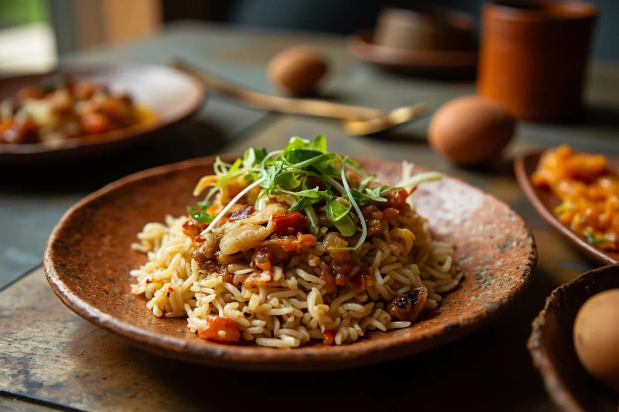 Arroz chaufa (Peruvian Chinese fried rice with egg, soy, green onion, and protein) — a signature plate from Peruvian Chifa cuisine, prepared in the regional style.