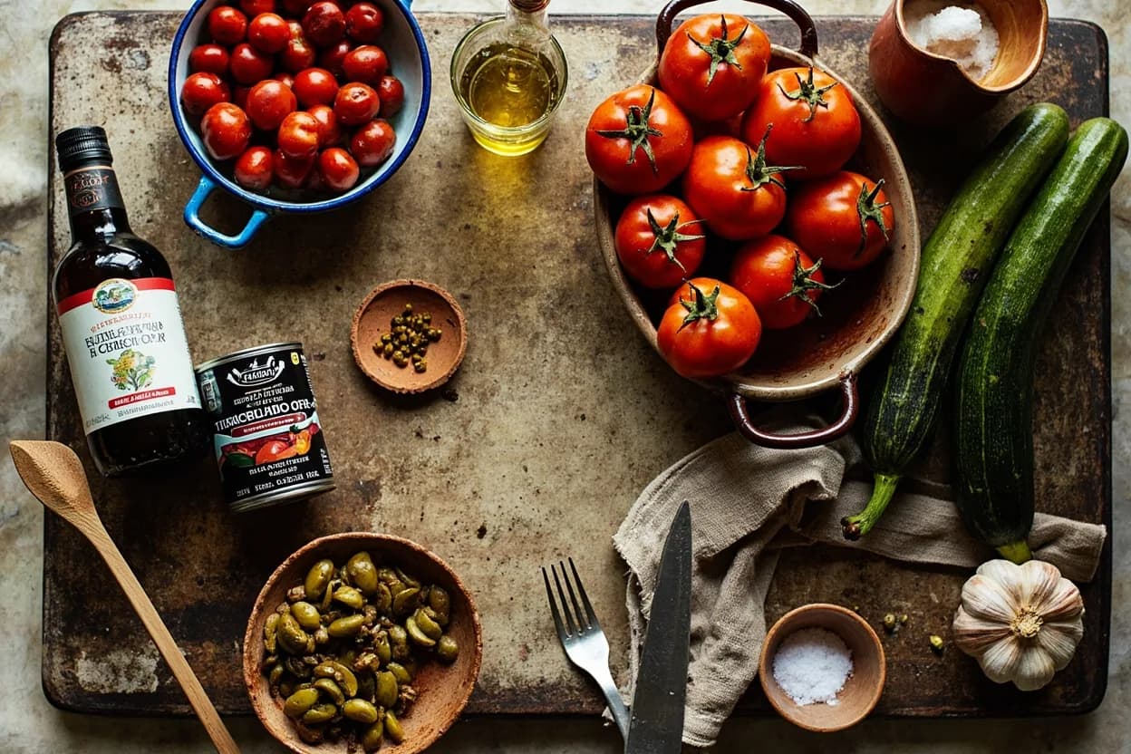 Mise en place for Provençal: the staple ingredients and key tools of the tradition laid out on the cook's board.