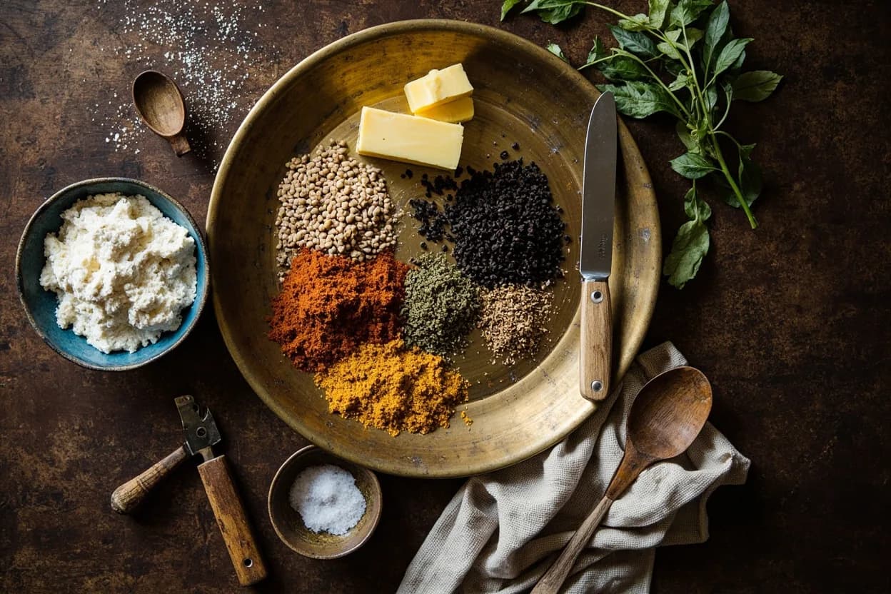Mise en place for Punjabi: the staple ingredients and key tools of the tradition laid out on the cook's board.