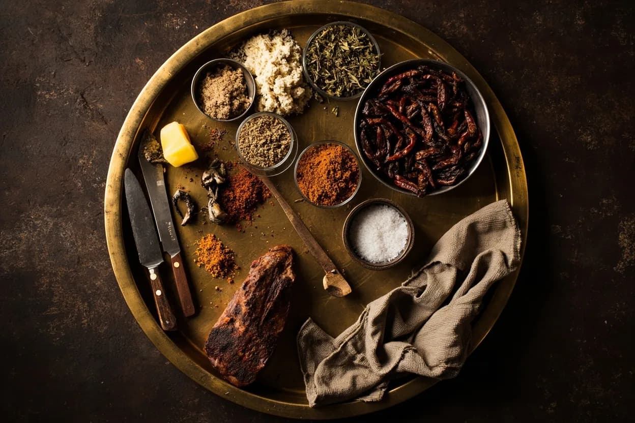 Mise en place for Rajasthani: the staple ingredients and key tools of the tradition laid out on the cook's board.