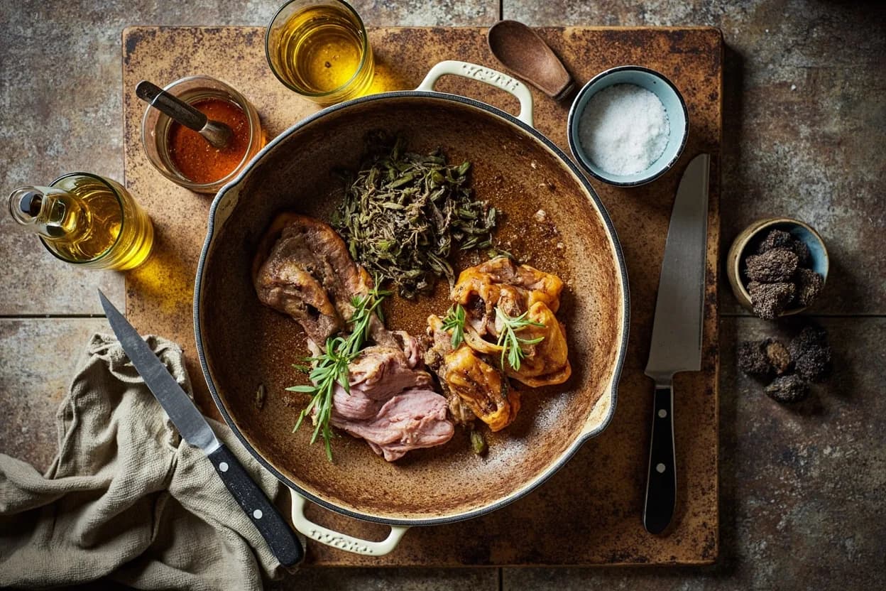 Mise en place for Rhône Valley: the staple ingredients and key tools of the tradition laid out on the cook's board.