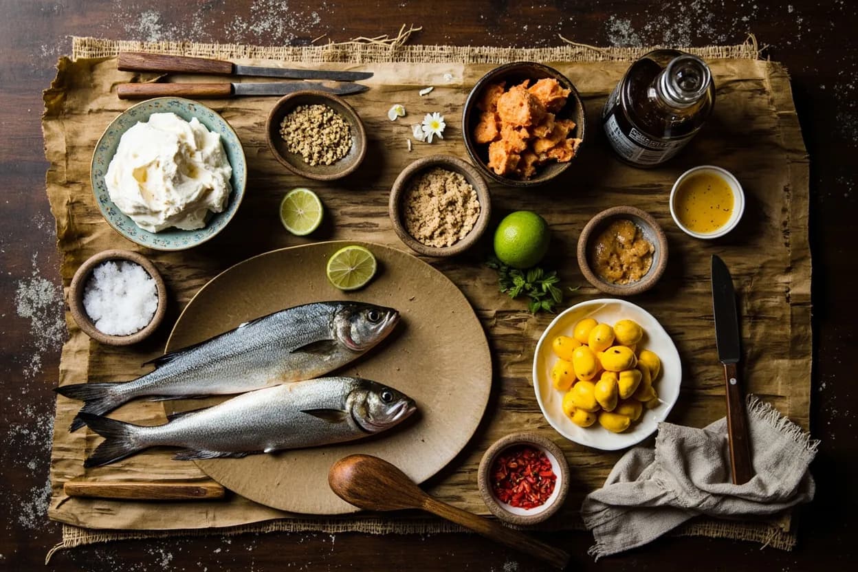 Mise en place for Royal Thai Court Cuisine: the staple ingredients and key tools of the tradition laid out on the cook's board.