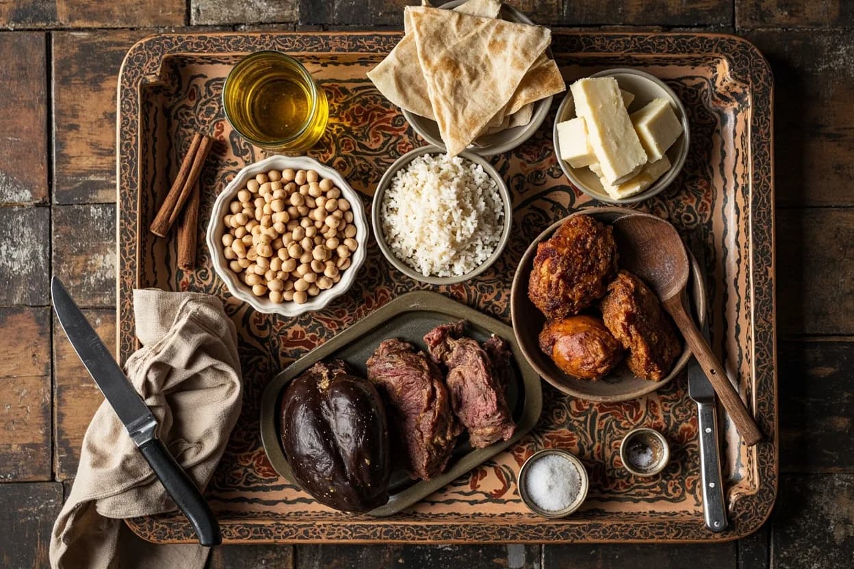 Mise en place for Sephardic Jewish (Levantine Branch): the staple ingredients and key tools of the tradition laid out on the cook's board.
