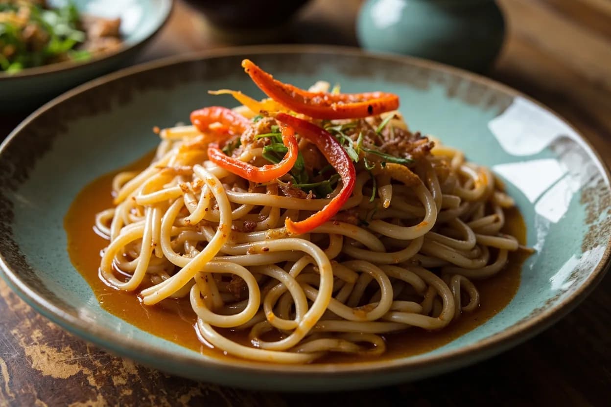 biang biang mian (belt noodles with chili oil) — a signature plate from Shaanxi Muslim (Hui Cuisine) cuisine, prepared in the regional style.