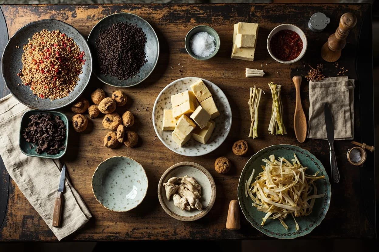 Mise en place for Sichuan Buddhist Vegetarian: the staple ingredients and key tools of the tradition laid out on the cook's board.