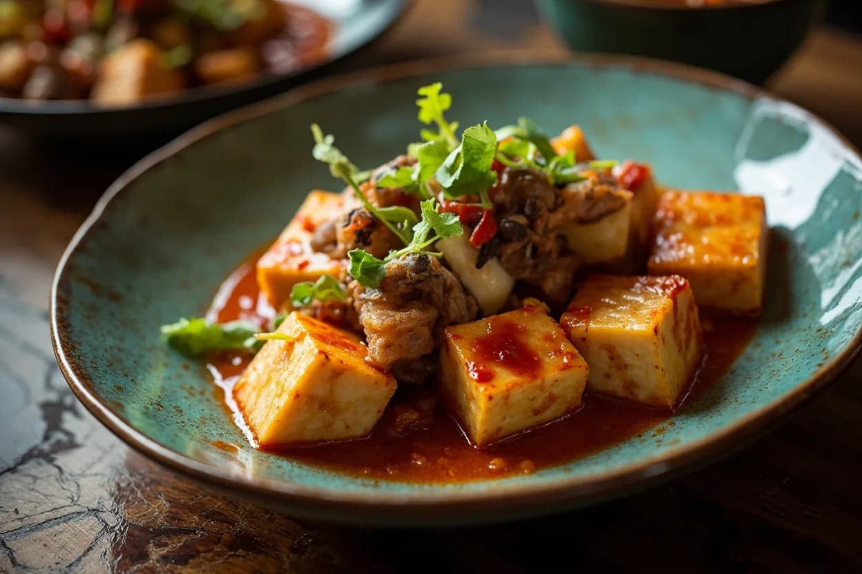 mapo tofu (麻婆豆腐) — a signature plate from Sichuan (Chuancai) cuisine, prepared in the regional style.