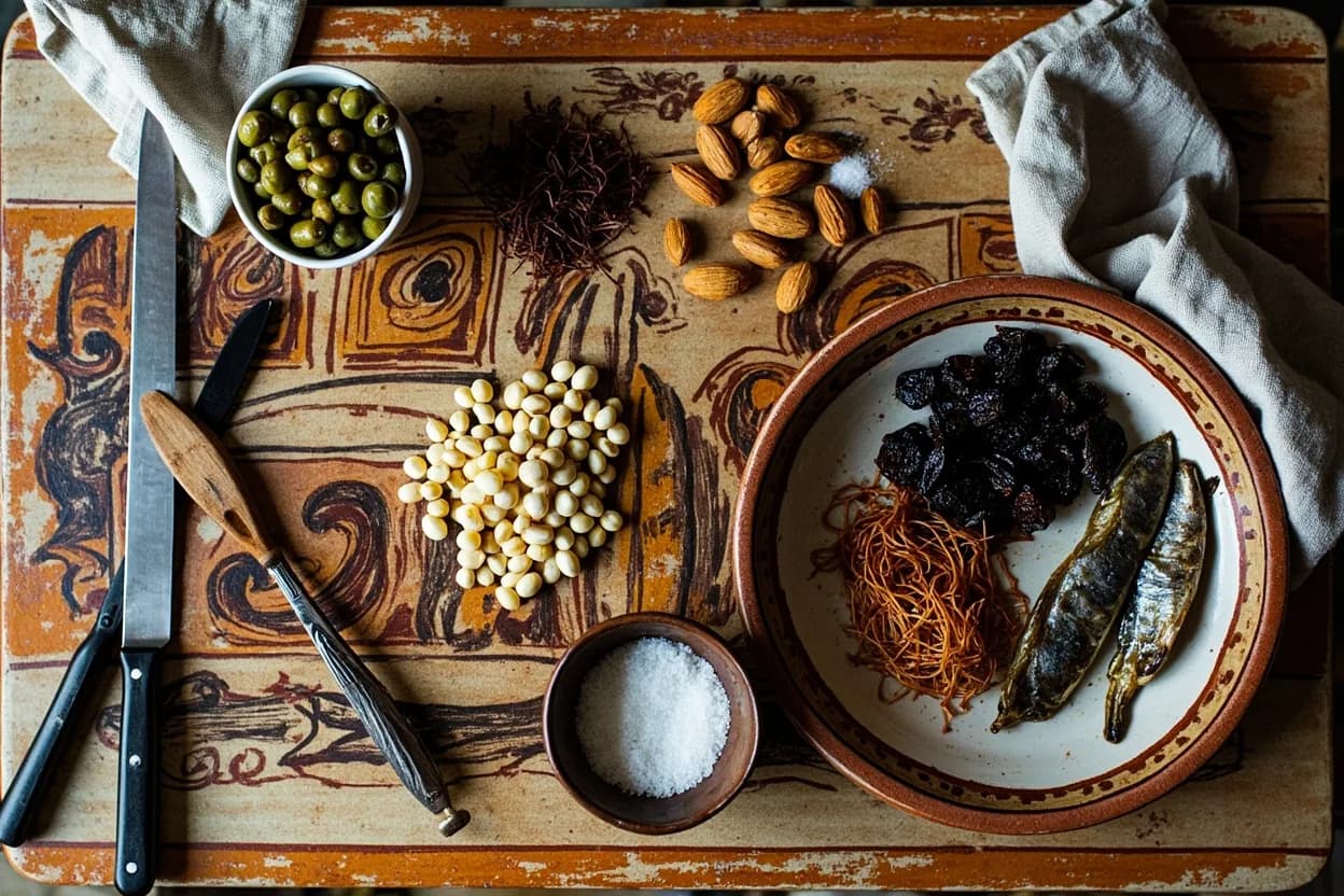 Mise en place for Sicilian: the staple ingredients and key tools of the tradition laid out on the cook's board.