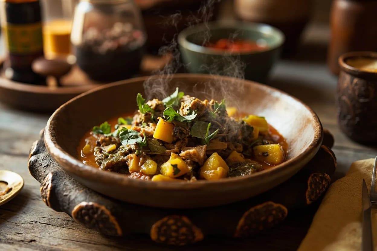 plassas (cassava leaf stew with palm oil, peanut butter, and smoked fish or meat) — a signature plate from Sierra Leonean cuisine, prepared in the regional style.