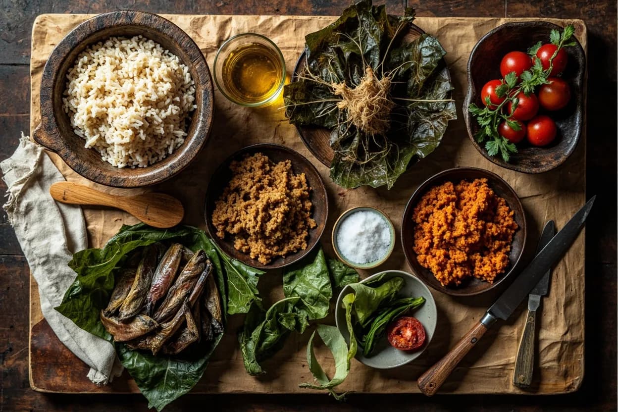 Mise en place for Sierra Leonean: the staple ingredients and key tools of the tradition laid out on the cook's board.