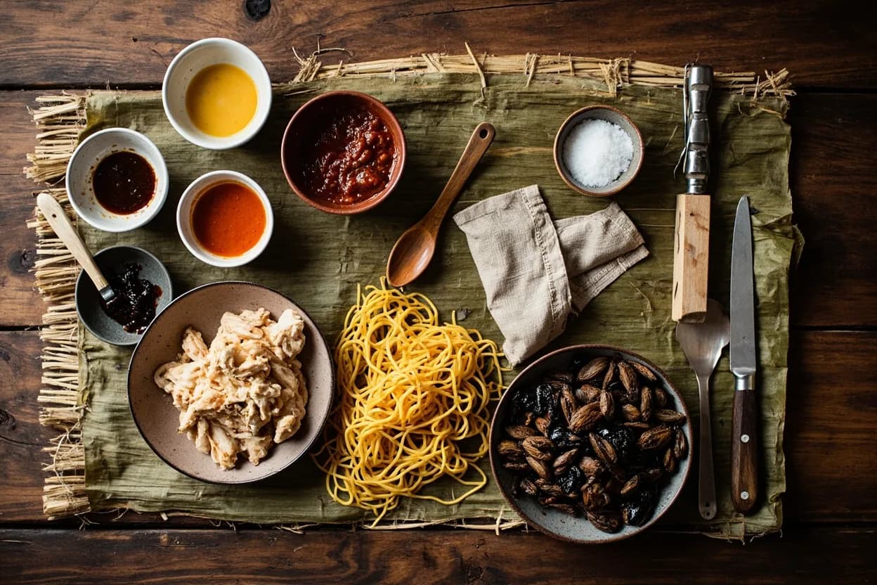 Mise en place for Singapore Hawker: the staple ingredients and key tools of the tradition laid out on the cook's board.
