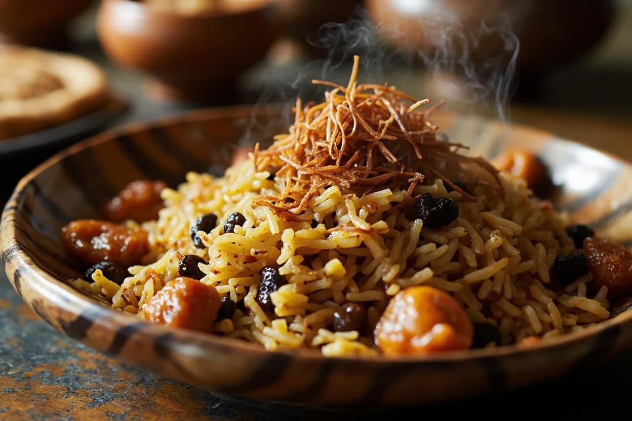 bariis iskukaris — fragrant spiced rice with raisins and fried onion — a signature plate from Somali cuisine, prepared in the regional style.