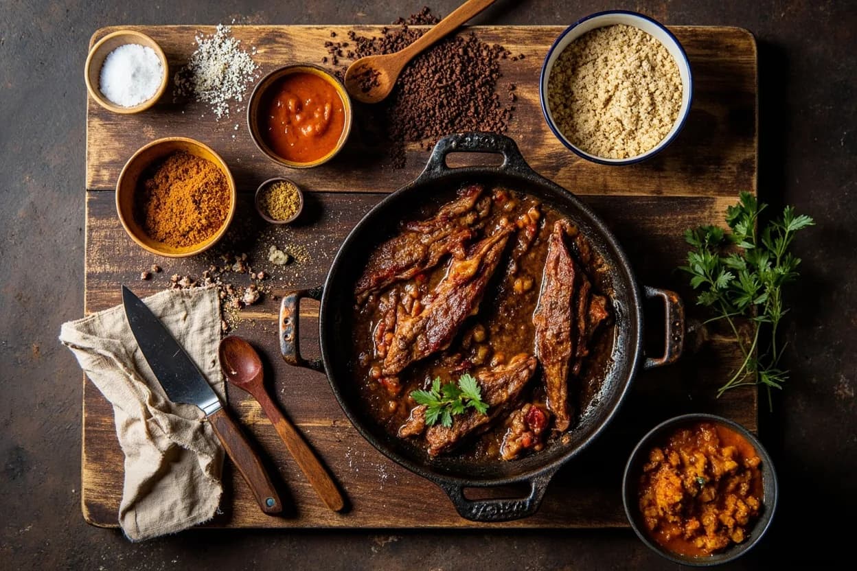Mise en place for South African (Braai & Cape Malay): the staple ingredients and key tools of the tradition laid out on the cook's board.