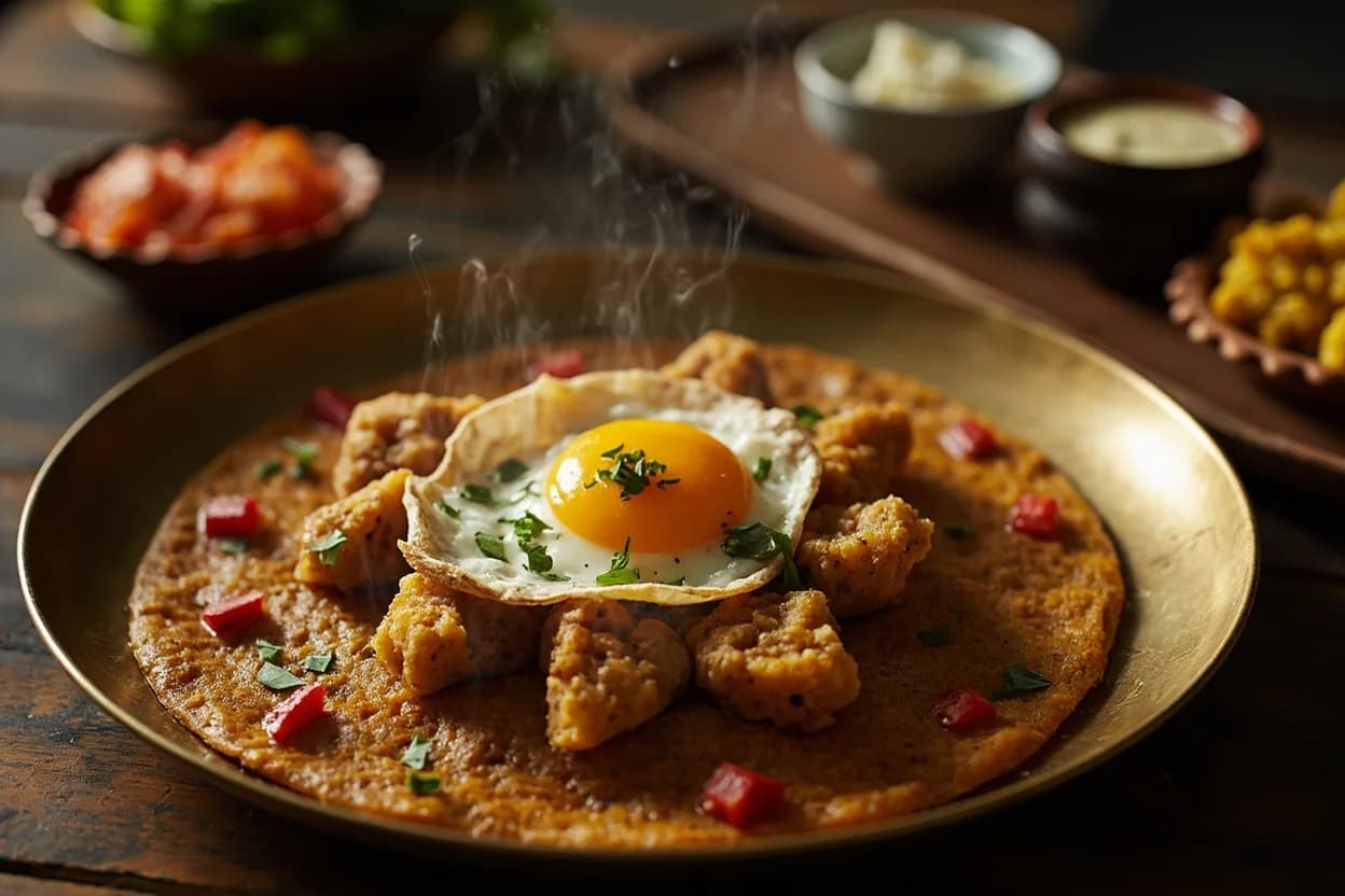hoppers (appa) with egg and pol sambol — a signature plate from Sri Lankan cuisine, prepared in the regional style.