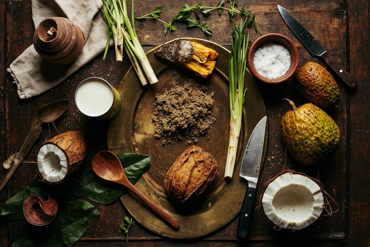 Mise en place for Sri Lankan: the staple ingredients and key tools of the tradition laid out on the cook's board.