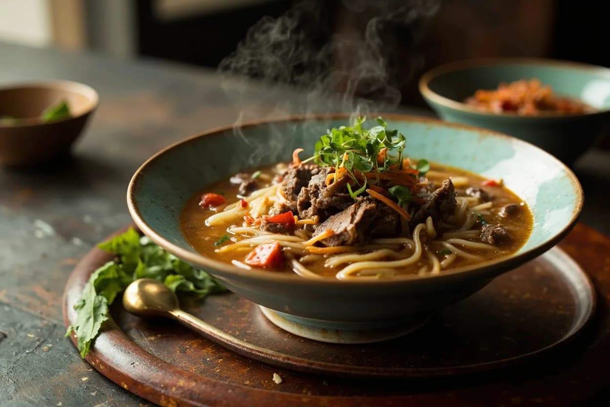 beef noodle soup (紅燒牛肉麵) — a signature plate from Taiwanese cuisine, prepared in the regional style.