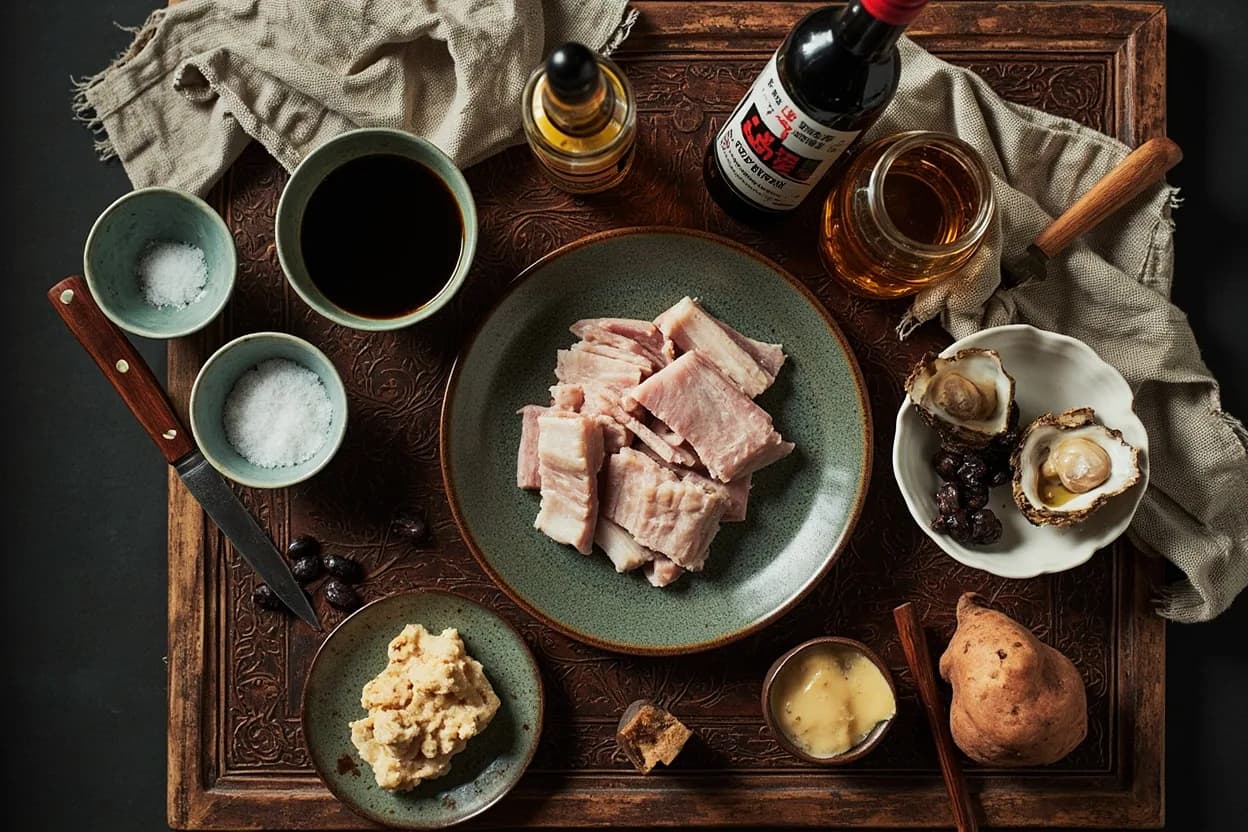 Mise en place for Taiwanese: the staple ingredients and key tools of the tradition laid out on the cook's board.
