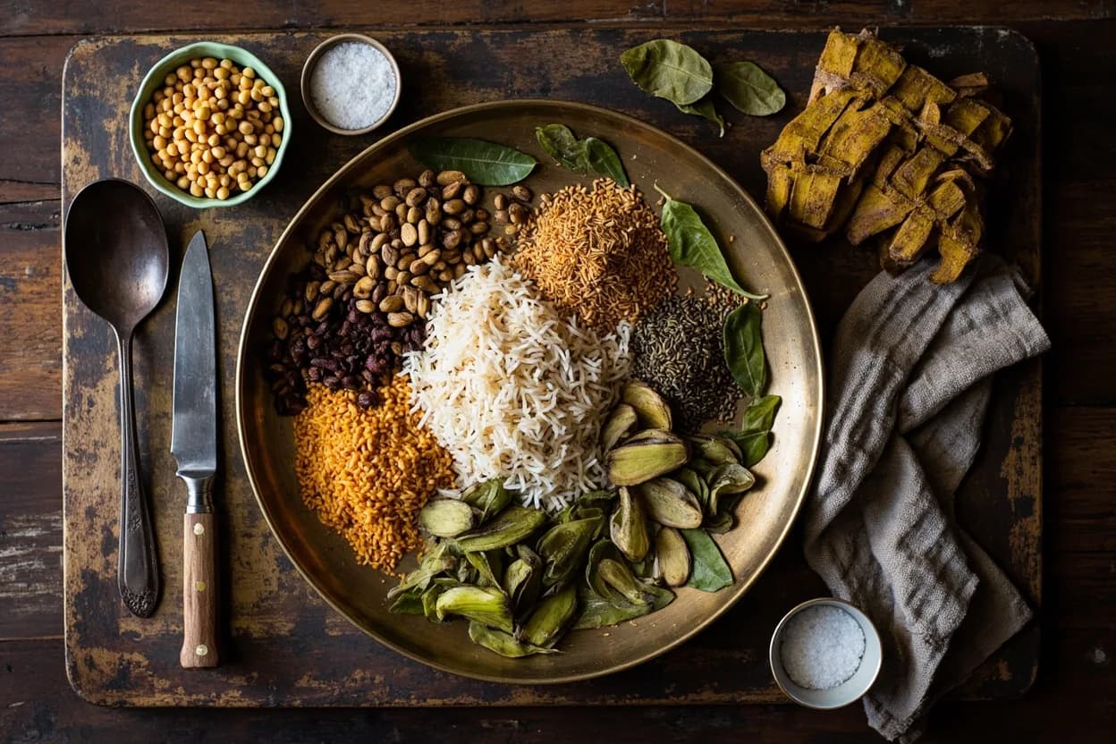 Mise en place for Tamil Nadu: the staple ingredients and key tools of the tradition laid out on the cook's board.