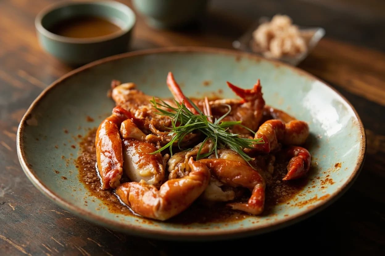 Sheng Chao (raw crab in soy-garlic-wine brine — the 'drunken crab' that is a Teochew prestige dish) — a signature plate from Teochew (Chaozhou) cuisine, prepared in the regional style.