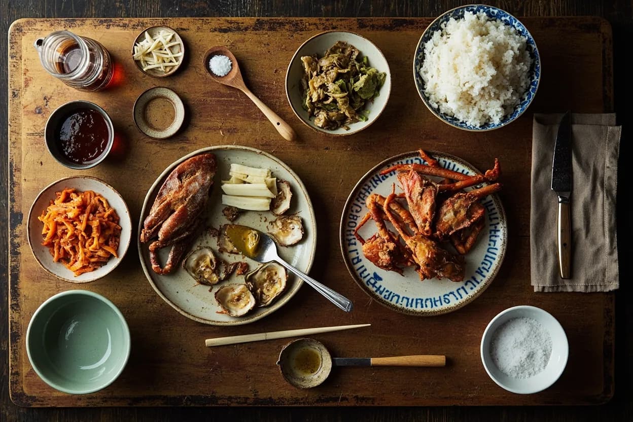 Mise en place for Teochew (Chaozhou): the staple ingredients and key tools of the tradition laid out on the cook's board.