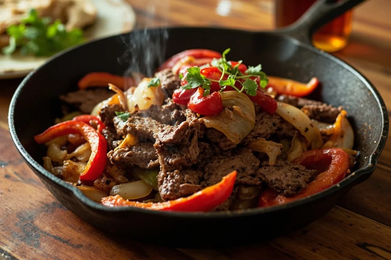 fajitas (grilled skirt steak with peppers and onions) — a signature plate from Tex-Mex / American Southwest cuisine, prepared in the regional style.