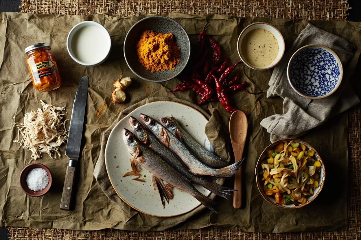 Mise en place for Thai Muslim (Deep South): the staple ingredients and key tools of the tradition laid out on the cook's board.