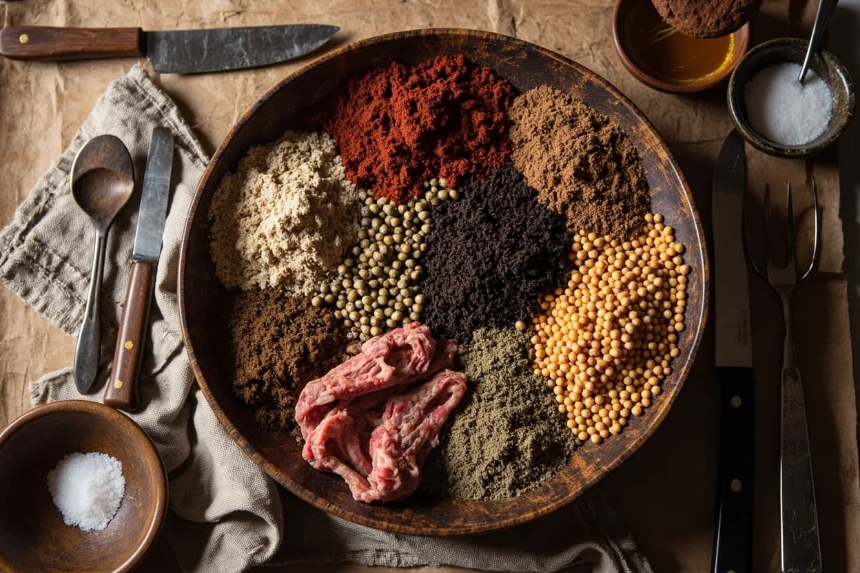 Mise en place for Tigrayan: the staple ingredients and key tools of the tradition laid out on the cook's board.