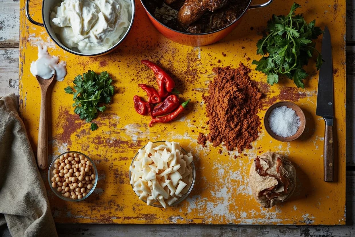 Mise en place for Trinidadian & Tobagonian: the staple ingredients and key tools of the tradition laid out on the cook's board.