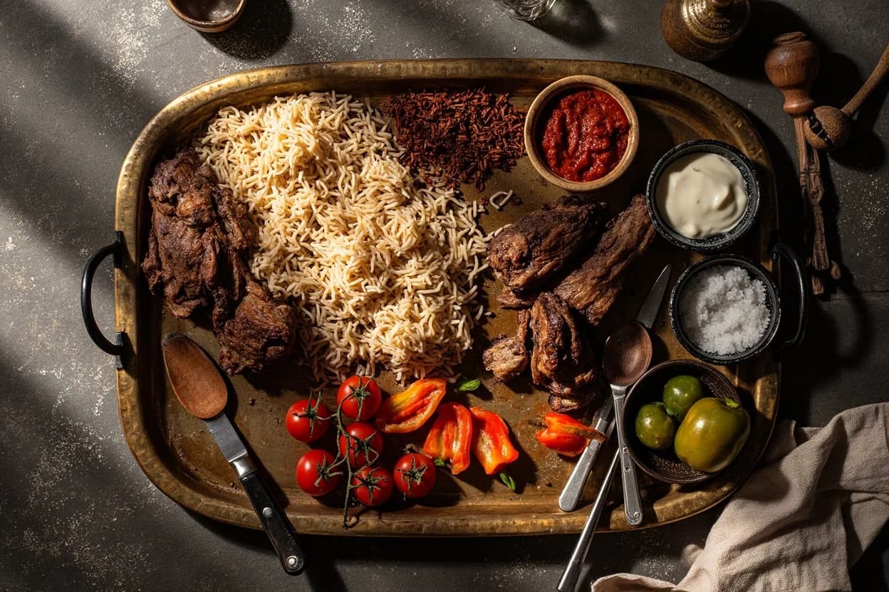 Mise en place for Turkish (Anatolian): the staple ingredients and key tools of the tradition laid out on the cook's board.