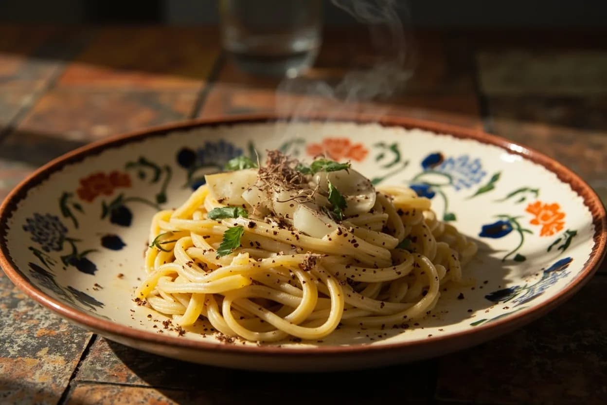 Pici cacio e pepe — a signature plate from Tuscan cuisine, prepared in the regional style.