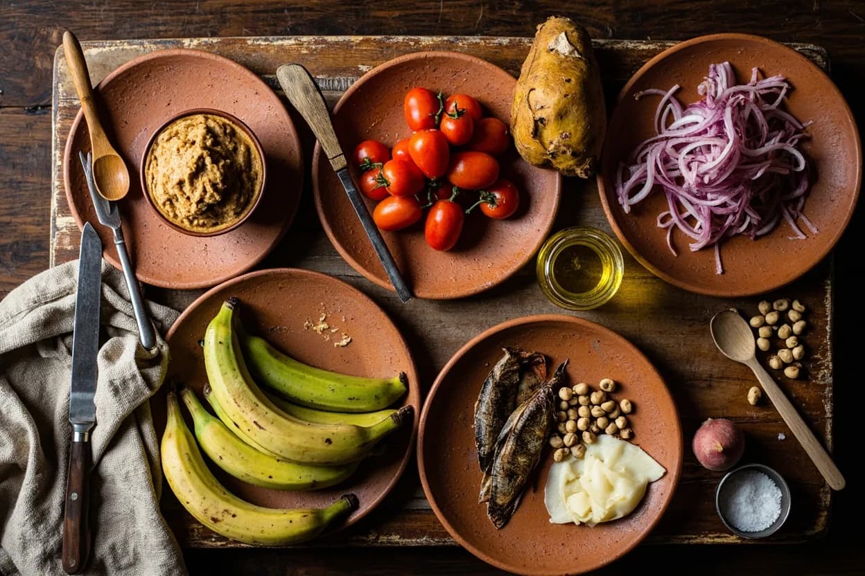 Mise en place for Ugandan: the staple ingredients and key tools of the tradition laid out on the cook's board.