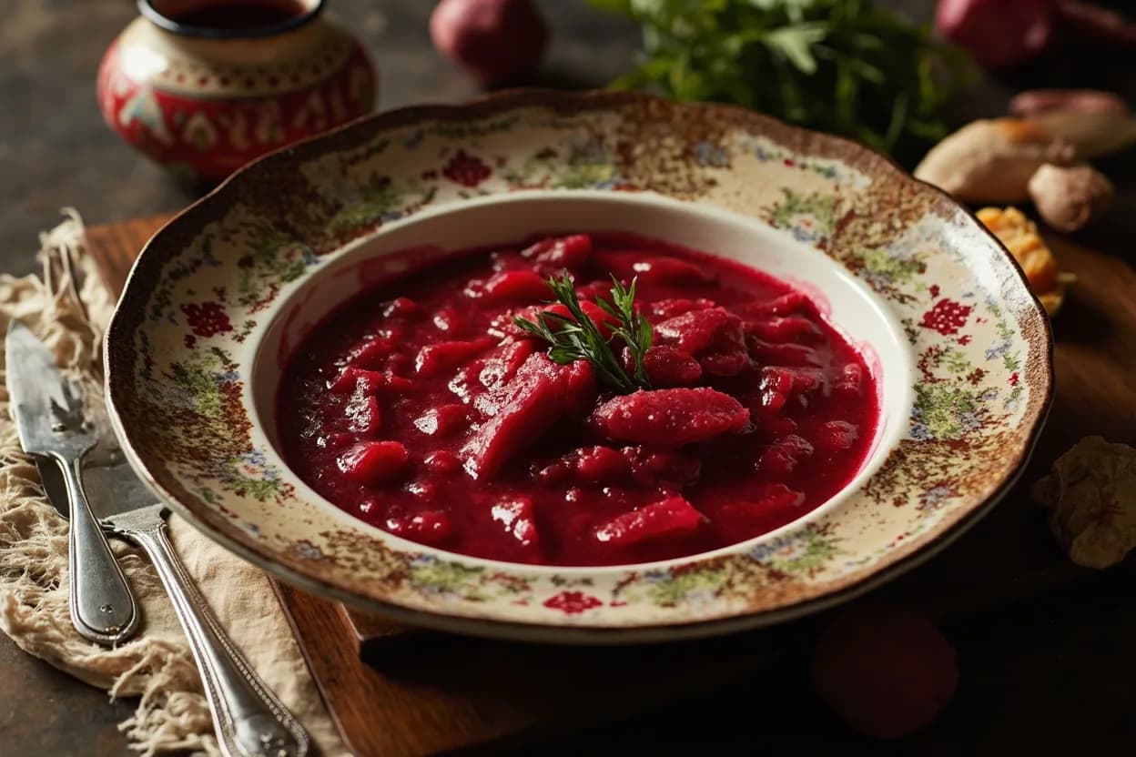 borscht (red beet soup) — a signature plate from Ukrainian cuisine, prepared in the regional style.