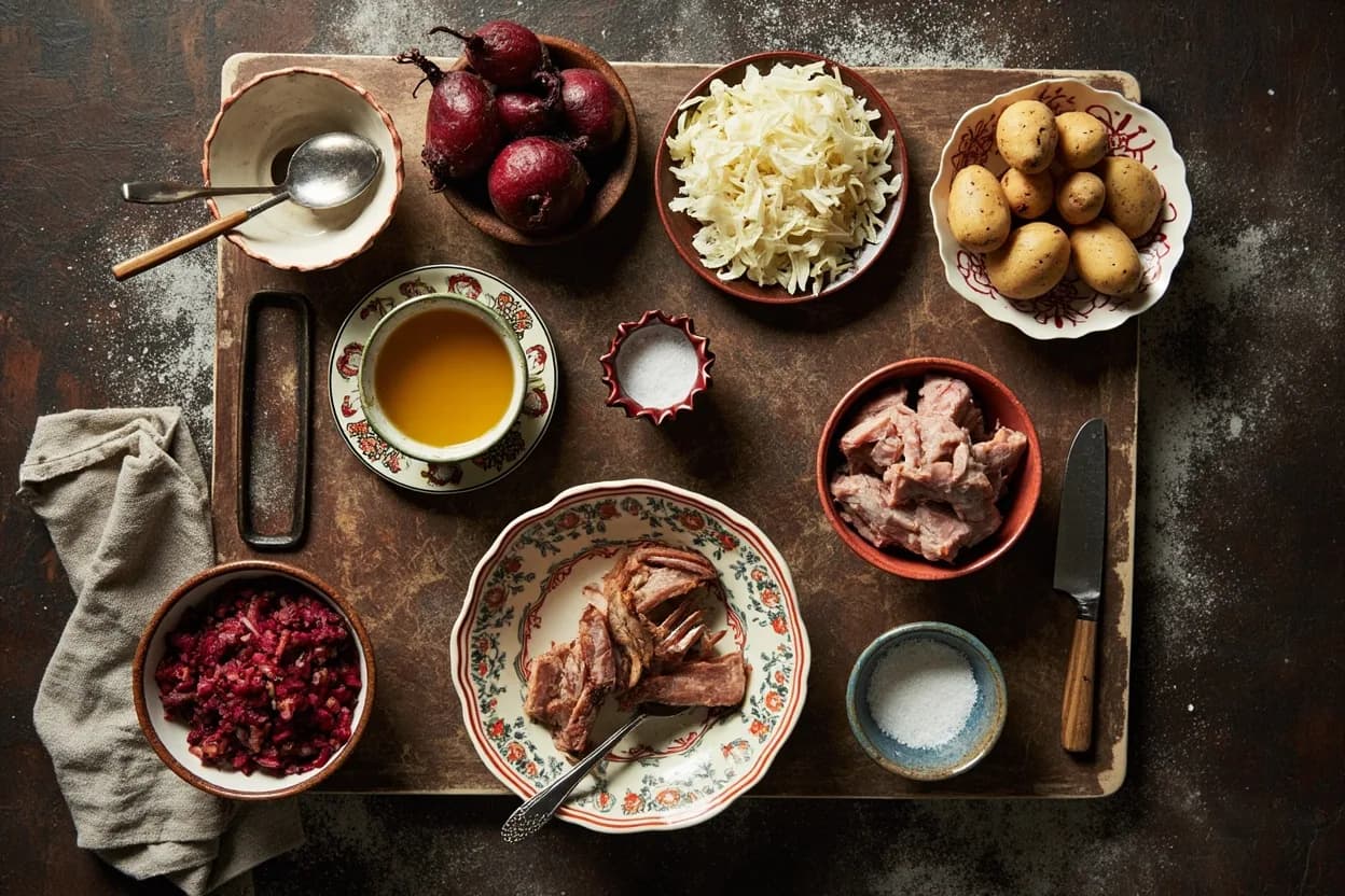 Mise en place for Ukrainian: the staple ingredients and key tools of the tradition laid out on the cook's board.