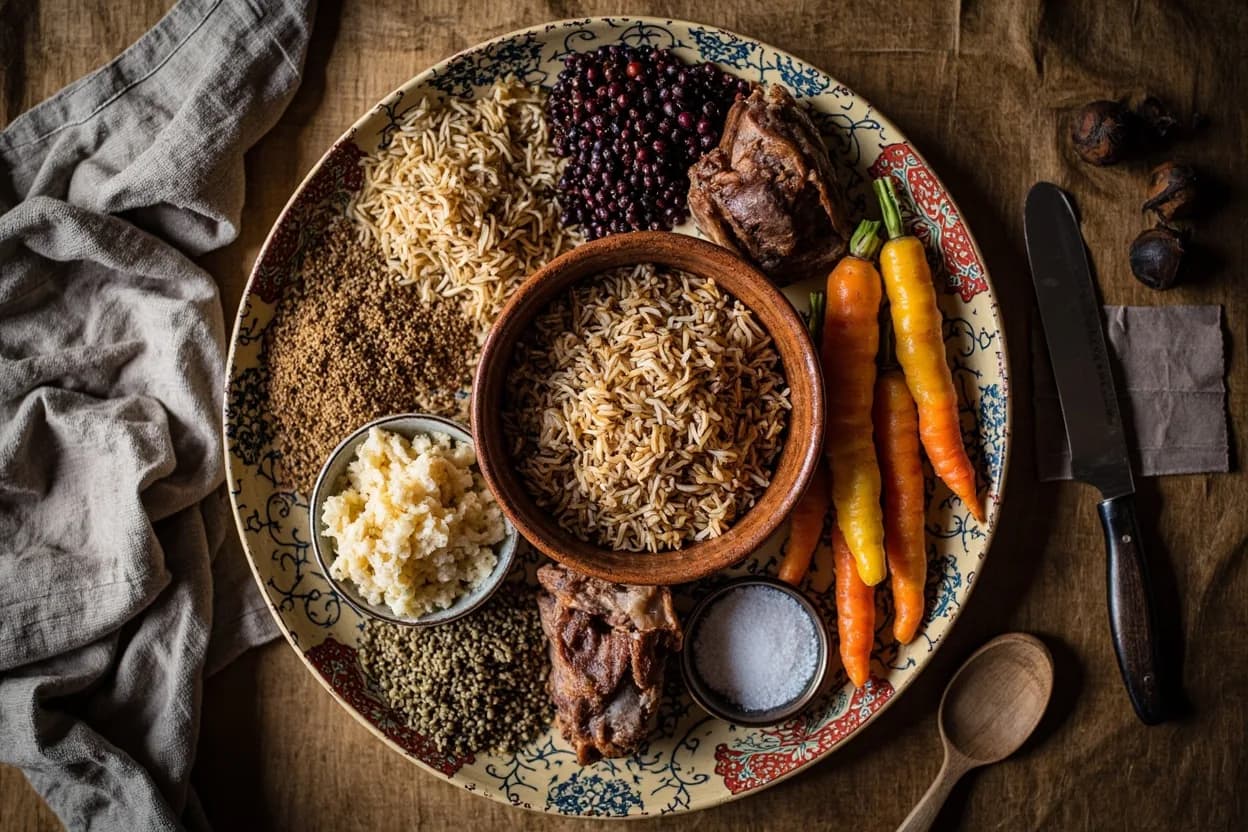 Mise en place for Uzbek (Central Asian Plov Tradition): the staple ingredients and key tools of the tradition laid out on the cook's board.