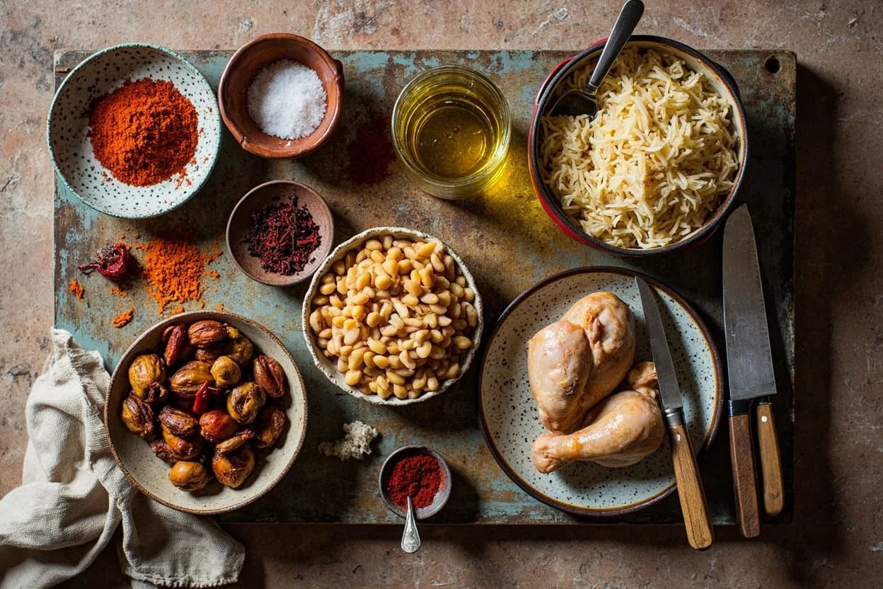 Mise en place for Valencian: the staple ingredients and key tools of the tradition laid out on the cook's board.