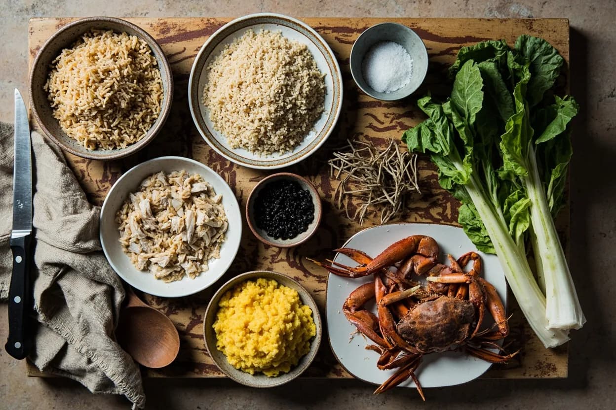 Mise en place for Venetian: the staple ingredients and key tools of the tradition laid out on the cook's board.